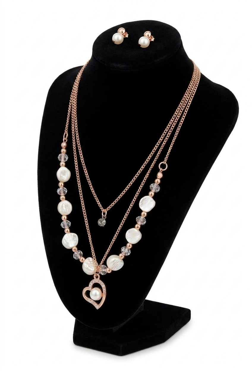 Rose Gold Layered Pearl Heart Pendant Necklace Set for Women