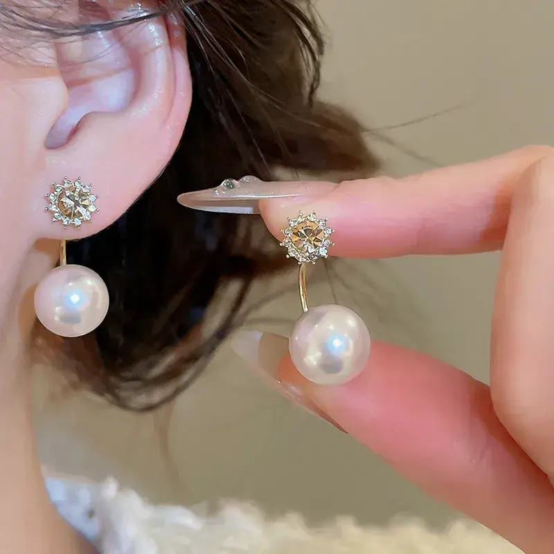 Pearl Earrings with Diamond Decoration Silver Needle Flower Shape C Shape Design Minimalist Sense Women Jewelry