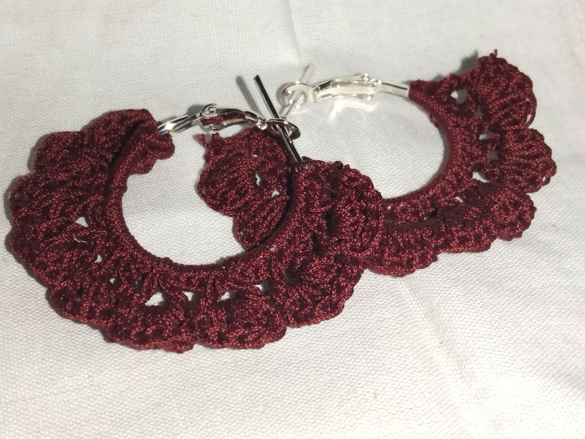 Handmade Crochet Hoop Earrings – Maroon Lace Design
