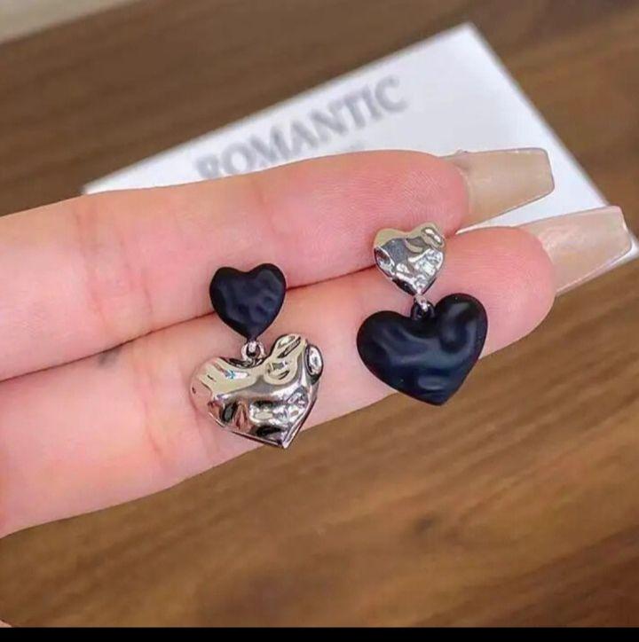 Black & Silver Dual Heart Drop Earrings