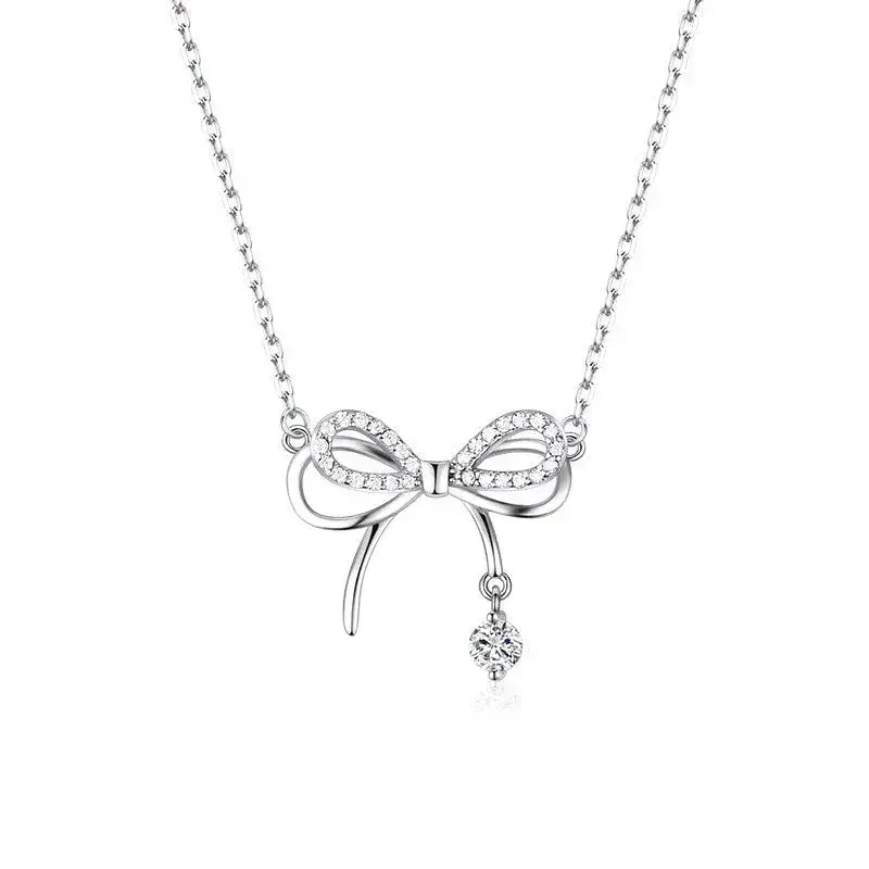 Bow necklace pendant girl's heart fresh Diamond-embedded clavicle chain gift niche design sense necklace