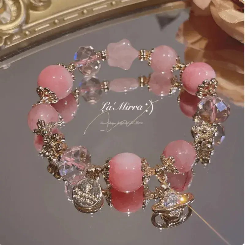 Natural Agate Strawberry Crystal Handmade Bracelet Universe Starry Sky Design Geometric Pattern Unisex Adjustable Alloy Buckle