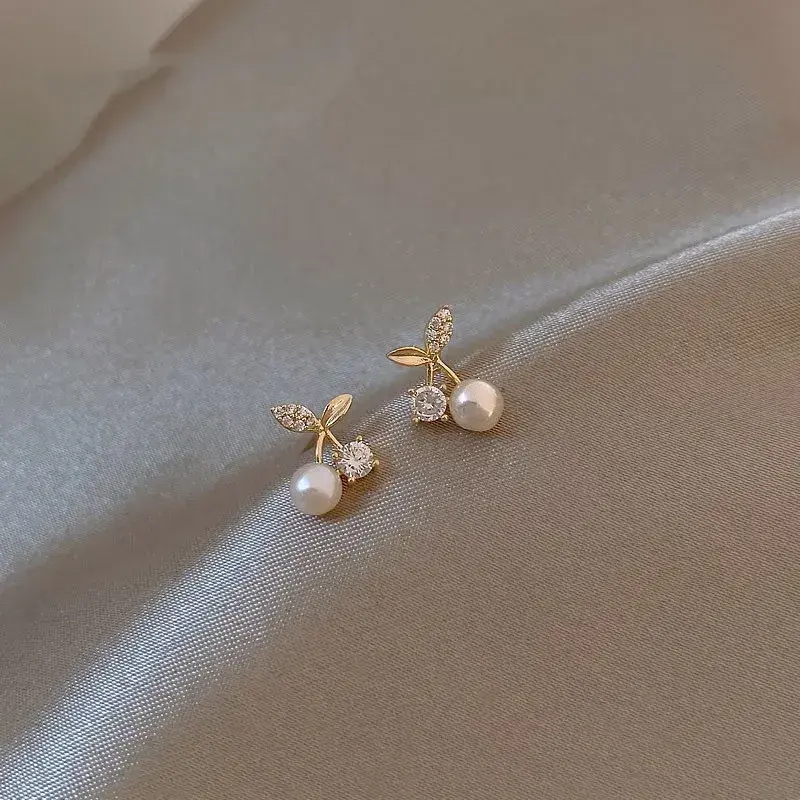 1 pair sweet simple style cherry plating inlay copper pearl zircon 14k gold plated ear studs