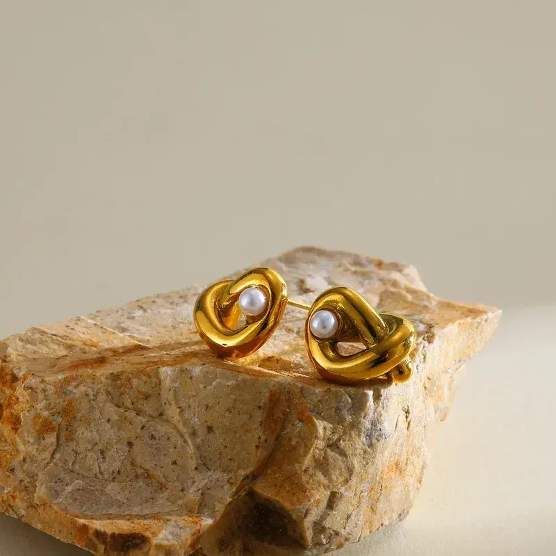 Geometric Electroplated Stud Earrings For Women In Stainless Steel With 18K Real Gold PVD Coating And Pearl Inlay