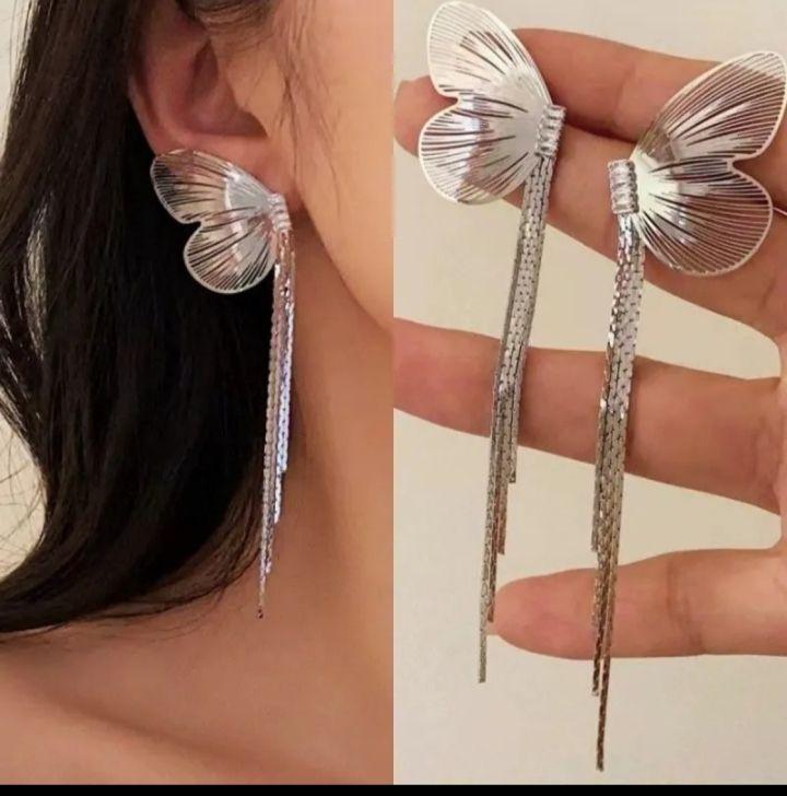 Silver Butterfly Wing Tassel Earrings