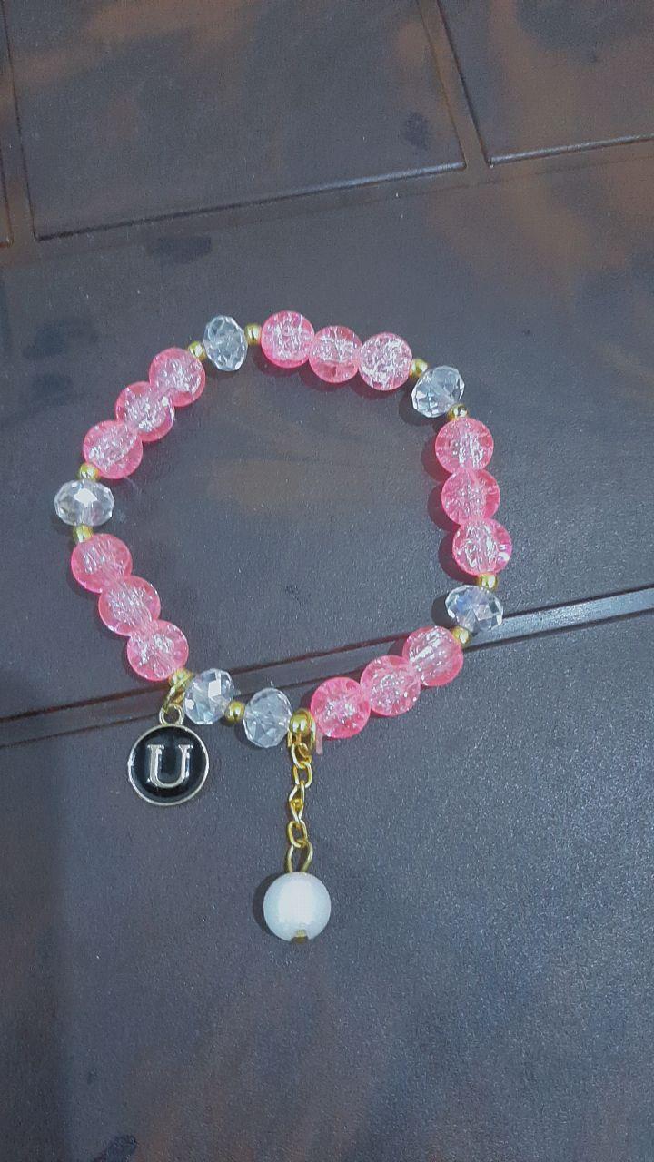 Pink Beaded Charm Bracelet with โUโ Initial