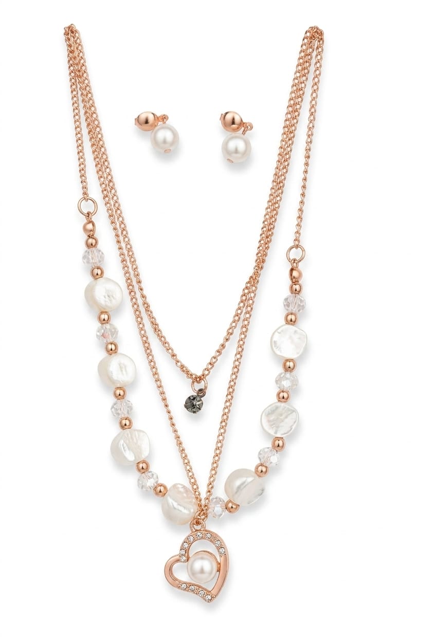 Rose Gold Layered Pearl Heart Pendant Necklace Set for Women