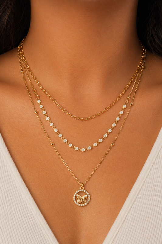 Gold Layered Butterfly Pendant Necklace for Women