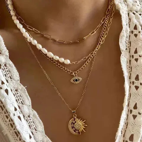 Layered Pearl Charm Necklace